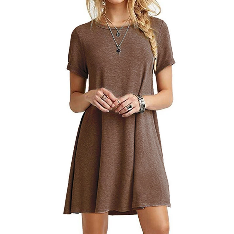 Классическое простое женское однотонное платье Faroonee с круглым вырезом и коротким рукавом ТРАПЕЦИЕВИДНОЕ