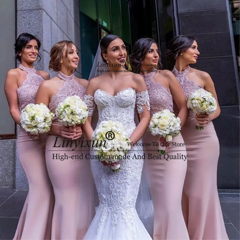 

Robe demoiselle d'honneur Mermaid Pink Lace Bridemaid Dresses 2020 Halter Sexy Backless Appliques Formal Party Gowns