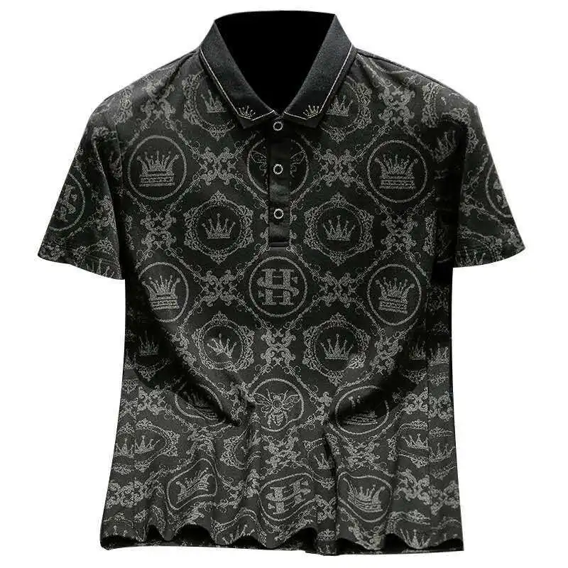 

Europe fashion short sleeve men's fashion brand embroidered and printed slim fit Lapel cotton shirt 2021 summer new men's top