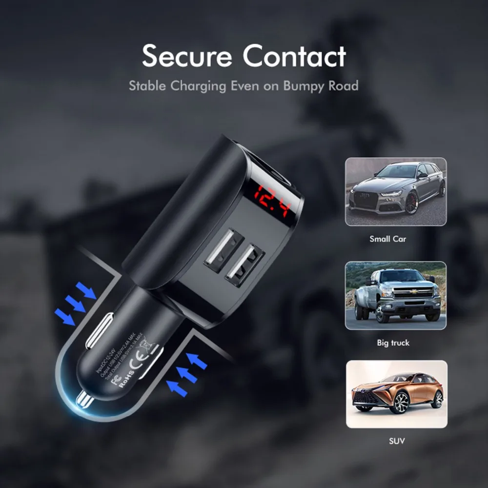 3.1A двойное USB Автомобильное зарядное устройство, зарядное устройство для мобильного телефона, 12-24 В, автомобильный прикуриватель, быстрая зарядка, адаптер с цифровым дисплеем