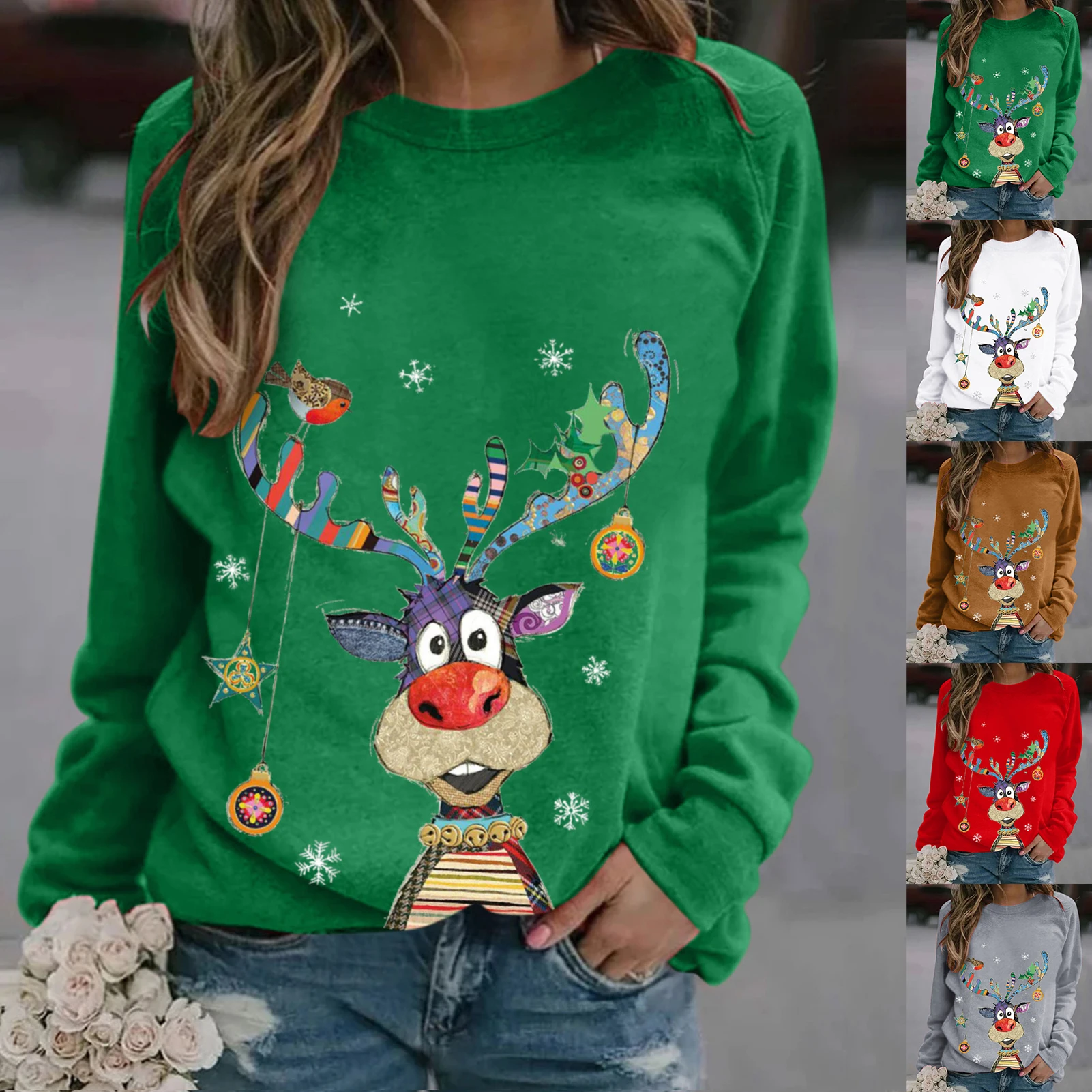 Women Christmas O Neck Print Style Pullover Thick Fashion Primer Tops Long Sleeve Multicolor Elk Print T-shirt Autumn Blouse