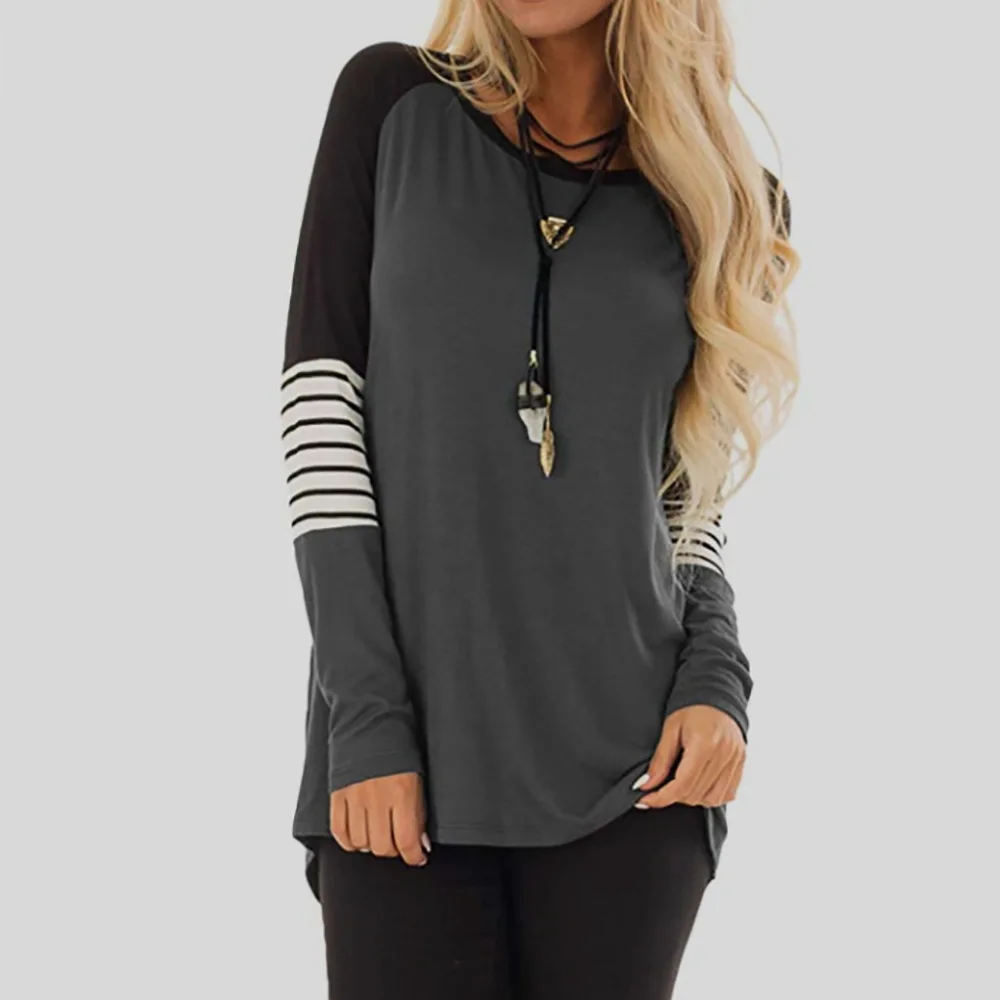 

ONCE Fashion Women Summer Long Sleeve Patchwork Shirt Ladies Round Neck Loose Casual Solid Tee Shirts Tops