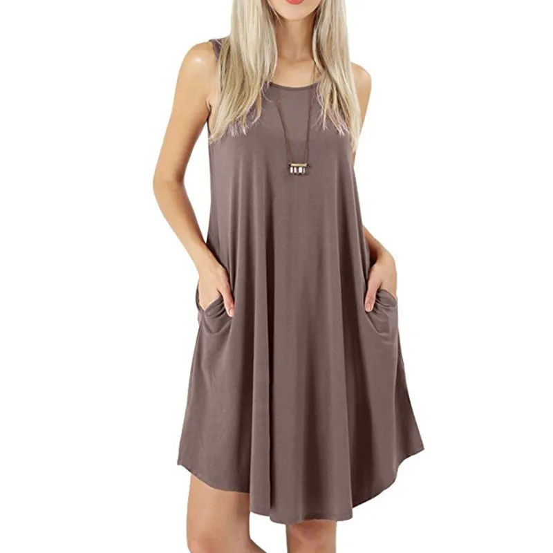 

S-2XL Casual Loose Summer Women Dress Solid O-Neck Sleeveless Basic Pockets Dresses Plus Size