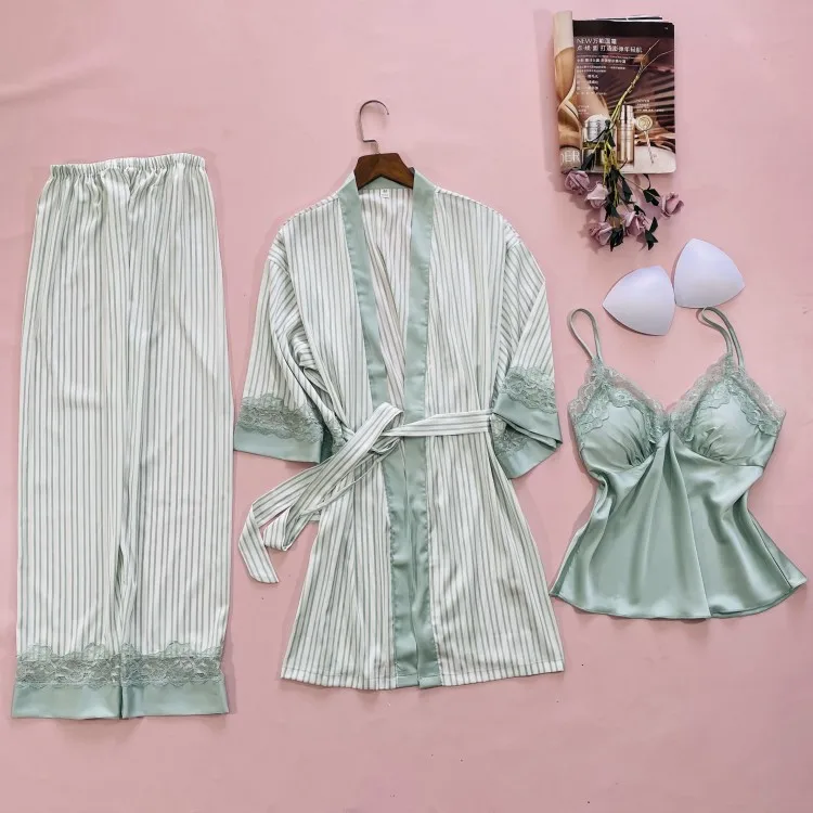 

Striped 3PCS Pajamas Suit Women Sleep Set Casual Spring Nightwear Home Clothing Sexy Lace Pyjamas V-Neck Sleepwear Kimomo Gown
