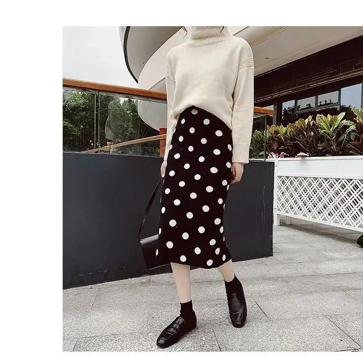 

2021 Autumn Winter Women High Wasit Knitted Pencil Skirts Female Polka Dot Solid Slim Skirts Lady Split Package Hip Skits Q131