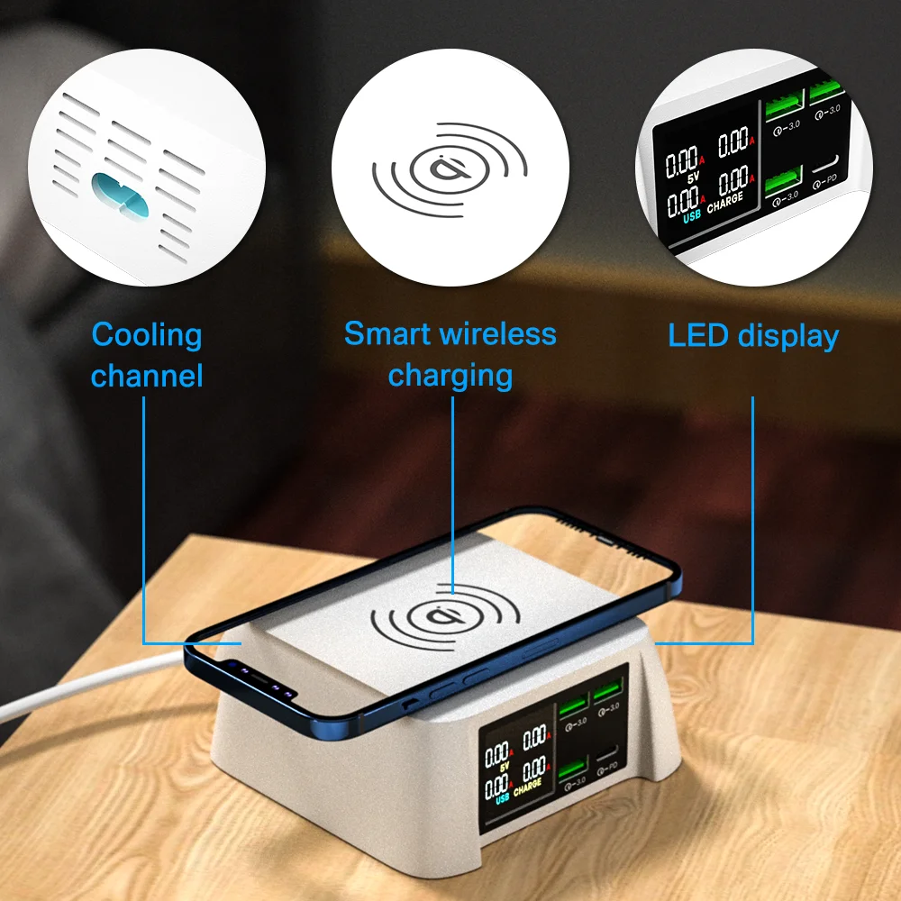 

100W Multi USB Fast Charger QC 3.0 Quick Charge LCD PD Charger Qi Wireless Charger For iPhone XS 12 11 Pro Max Samsung Huawei