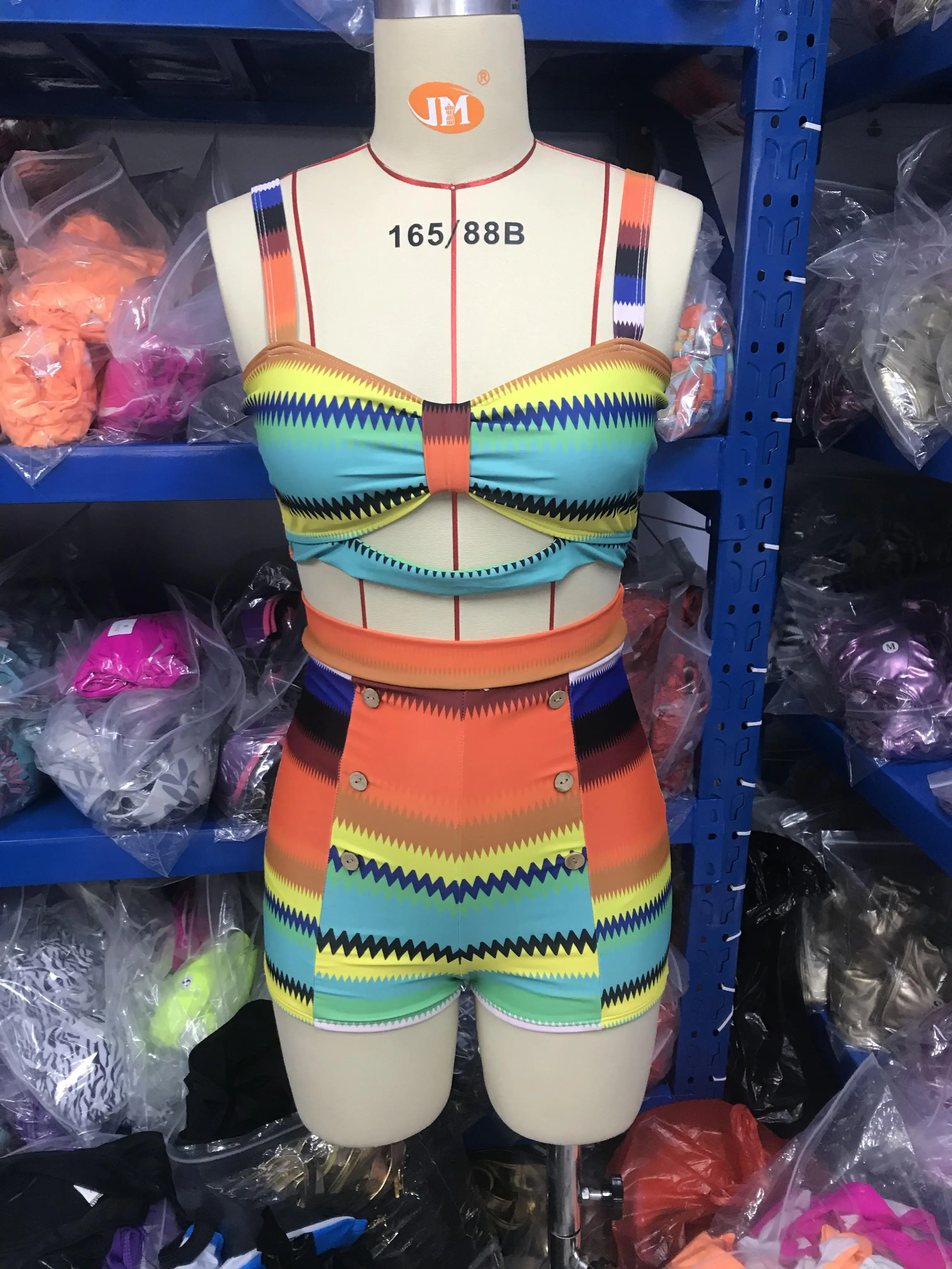 Купальник женский в полоску пикантный Радужный купальник с завышенной талией