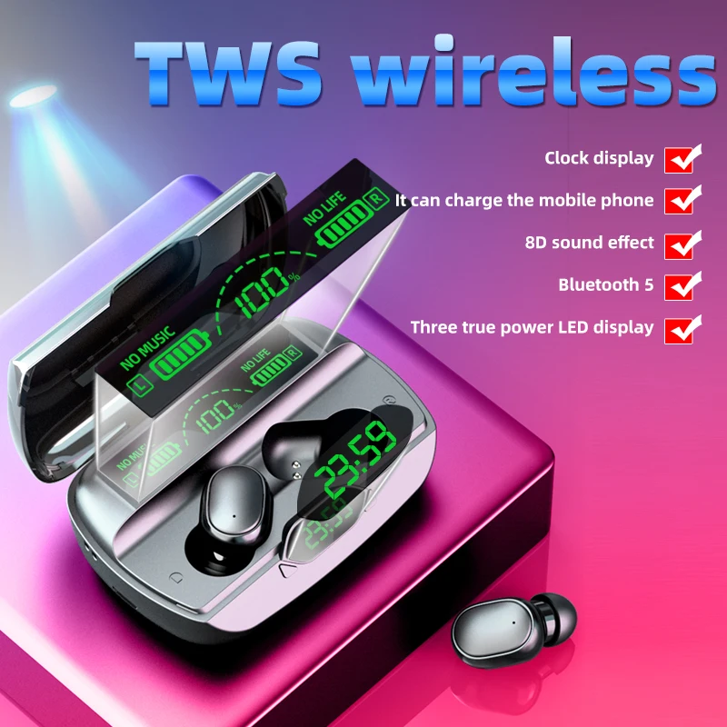 2021 Wireless Headphones D18 Earphones Bluetooth 5.0 TWS Earbuds Stereo Handsfree Headset with Microphone LED Display Power BanK |