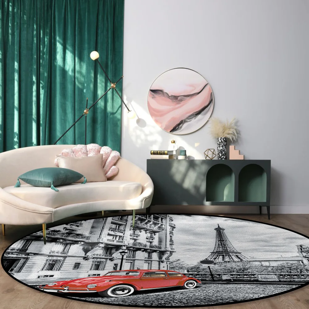 Красные круглые коврики с винтажным принтом в виде автомобиля парижской башни