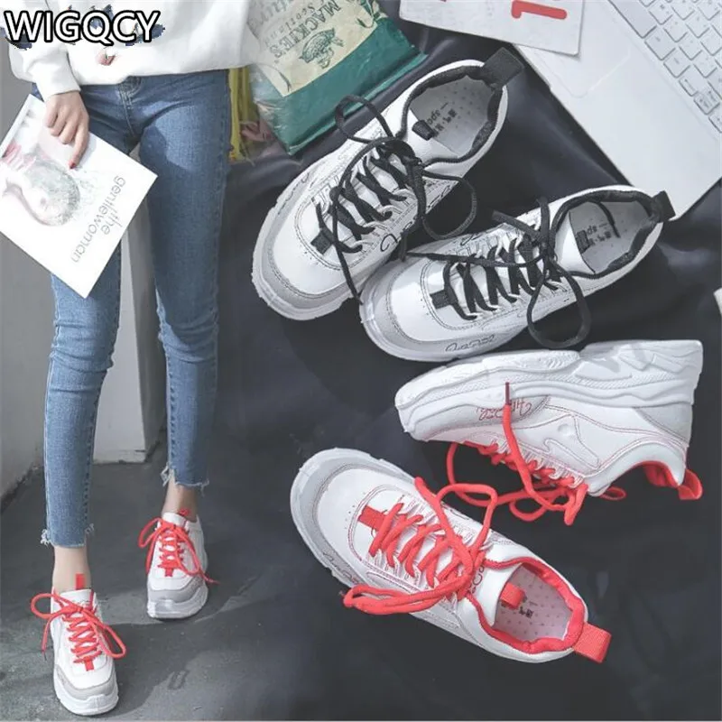 

WIGQCY 2020 New Spring And Autumn Women Fashion Sneakers Womens Shoes Wild Mixed Colors Lace up Casual Shoes Daddy Shoes D016