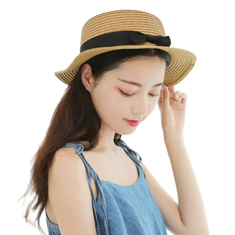 

Summer Women Flat Brim Bowknot Sun Hat Female Casual Handmade Beach Straw Cap Panama