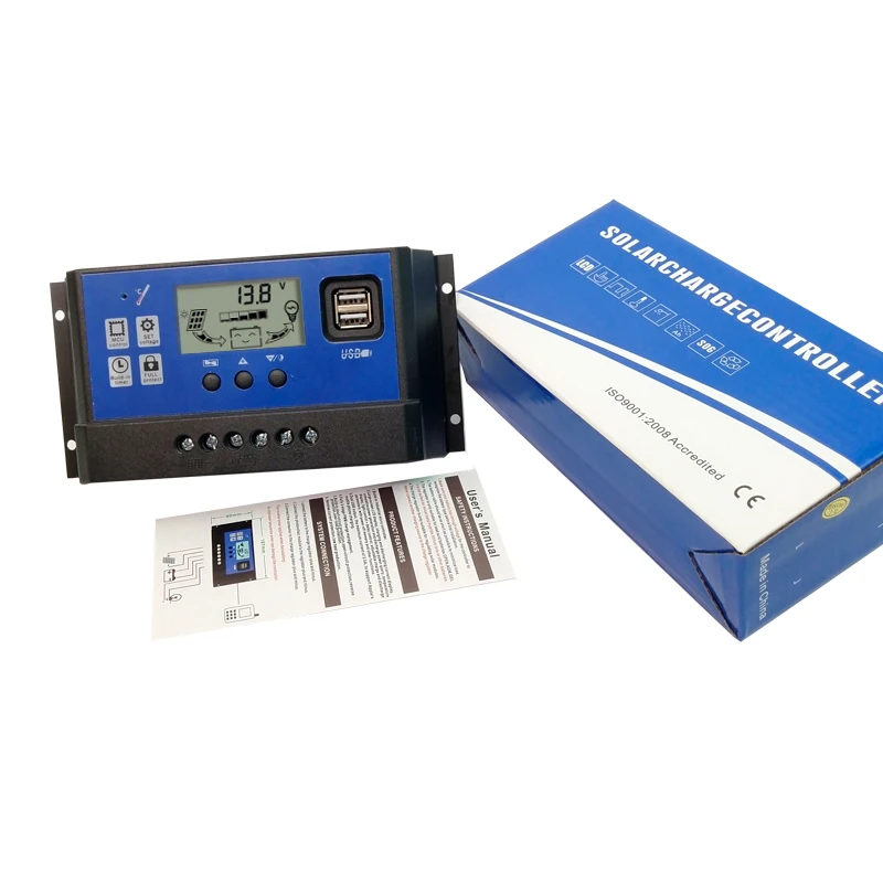 60A 50A 40A 30A 20A 10A ШИМ Контроллер заряда 12V24V солнечный регулятор с ЖК-дисплеем и двойной 5 В USB для домашнего использования