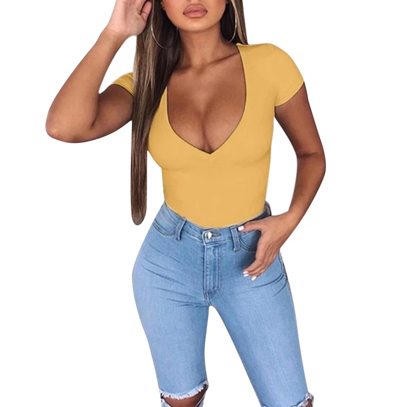 

Women Sexy Bodysuits 2019 Casual Female Jumpsuit Womens Short Sleeve Deep V Neck Sexy Jumpsuit Basic Bodysuits Tops
