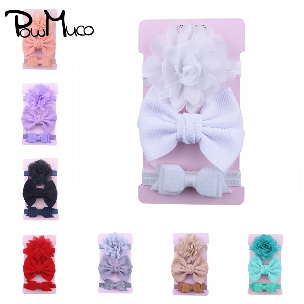 

Powmuco 3pcs/lot Solid Color Multilayer Bows Baby Girls Headband 4.5 Inches Handmade Bowknot Elastic Hairband Flower Headwear