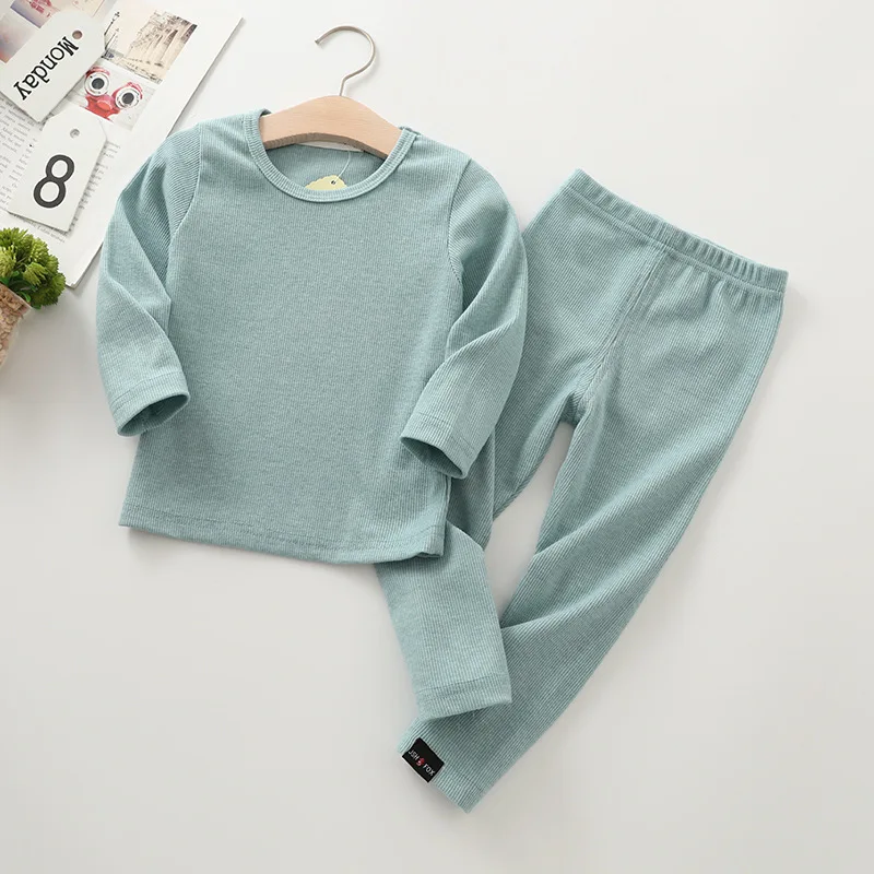 Mint Green-Gray Детские пижамы в рубчик, комплект из топа и штанов, одежда унисекс для мальчиков и девочек, осенне-зимняя одежда с длинными рукавами - Цвет: Mint Green-Gray