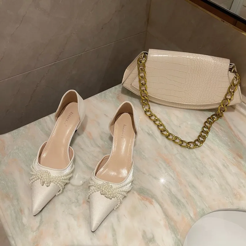 

Pearl Sandals Med Comfort Shoes for Women Shallow Mouth Summer Heels Suit Female Beige Medium Spring Elastic Band Stiletto Girls