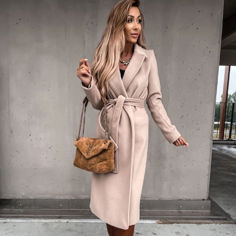 

Autumn Winter New Long Sleeved Outerwear Women Simple Lace-up Solid Long Cardigan Coats Elegant Lapel Wool & Blends Jacket Tops