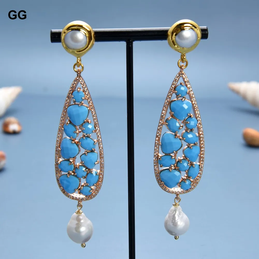GG Jewelry Natural Cultured White Keshi Pearl Bezel Set Turquoises Blue Cat's Eye Flower Stud Earrings For Women
