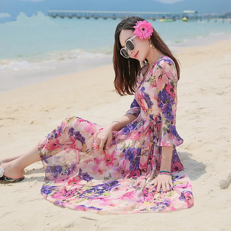 Chiffon Neck V Robe Femme Slim Bohemian Holiday Beach Dress Female Floral Summer Dresses For Women Vestidos Mujer FYY497 es | Женская
