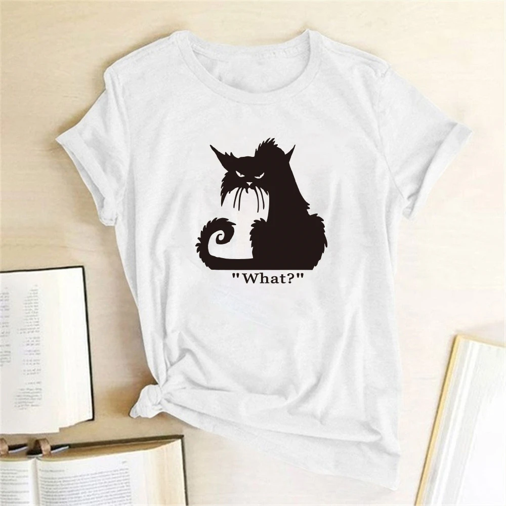 

Black Cat What Print T Shirt Angry Horror Cat Halloween T-shirt Short Sleeve Summer Tops Graphic Tees Shirt Camisetas Mujer