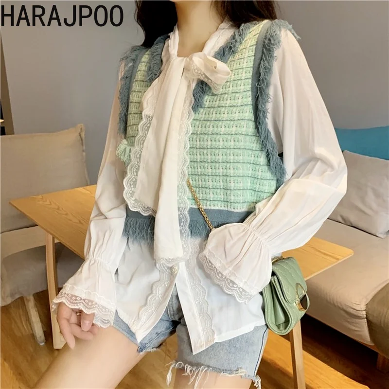 

Waistcoat Harajpoo Women Design Contrast Color Checkered Vest Knit 2021 New Korean Fashion Loose Thin All Match Casual Sweaters