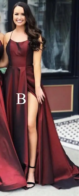 Бордовые атласные платья свидетельницы Спагетти ремень длинное Vestido Madrinha длинное платье подружки невесты свадебное платье для гостей для женщин - Цвет: B Style In Burgundy