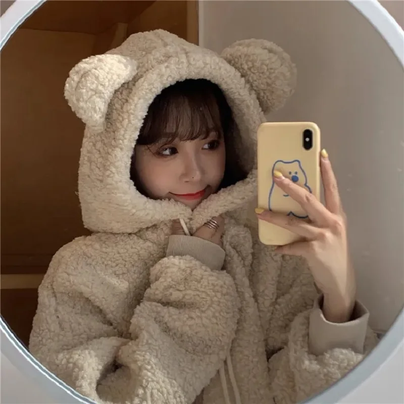 

Lamb velvet bear coat plus velvet padded sweater women's loose long-sleeved top Harajuku Hoodies Women Sweatshirt Oversized cute