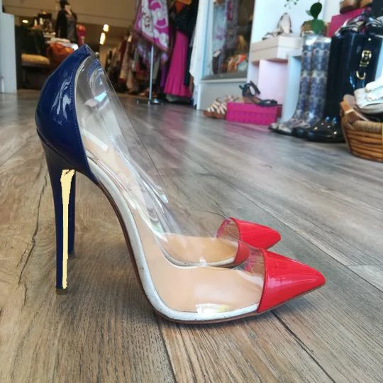 

BONJEAN Mixed Colors Patchwork High Heel Shoes Sexy Pointed Toe Woman pumps Transparent PVC Thin Heels Shoes
