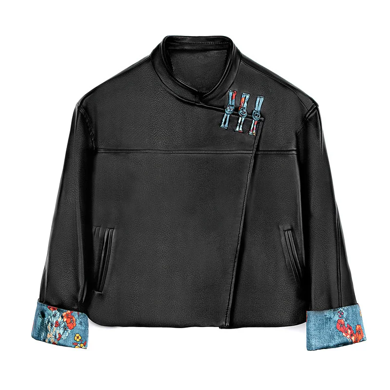 

Autumn and winter 2021 Haining new leather clothes women's wide Chinese short round stand collar coat