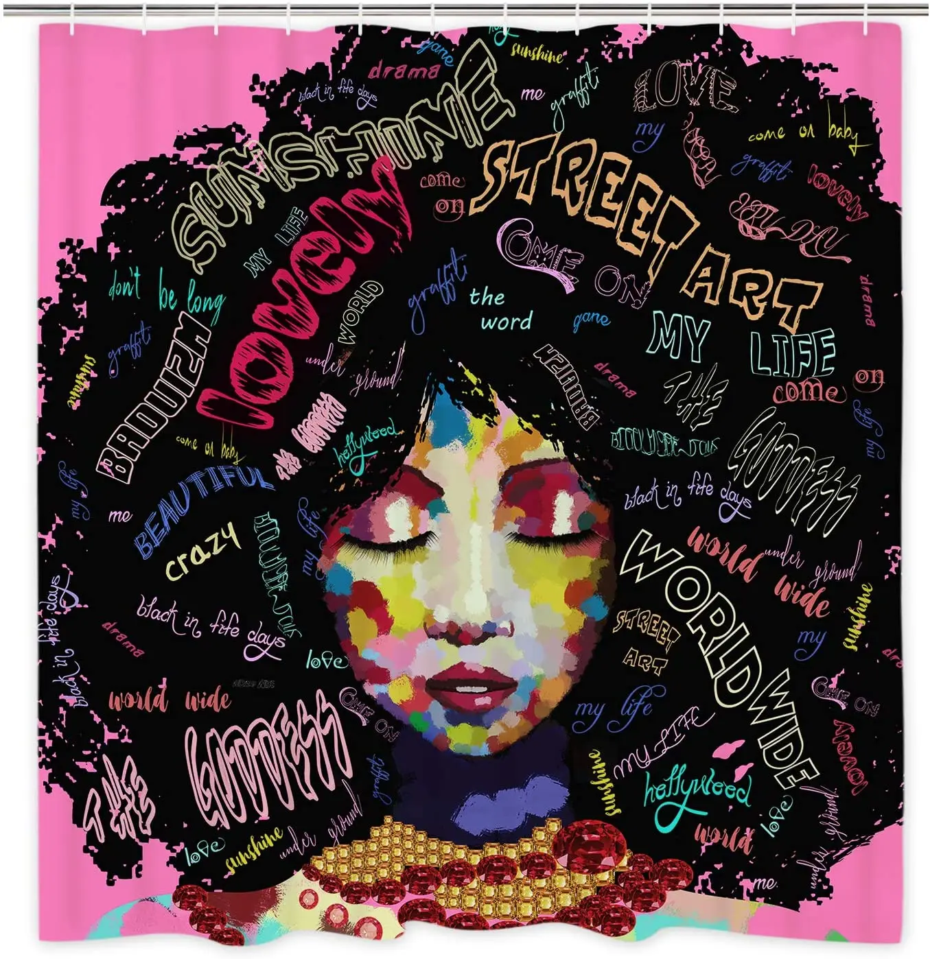 

African American Afro Rock Girl Shower Curtain with 12 Hooks