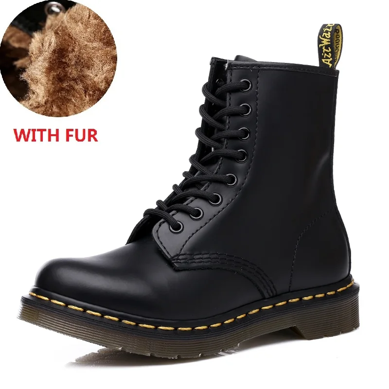 Black with fur Dr/ Зимние Теплые ботильоны в байкерском стиле; женские Ботинки martin на меху; Высокая Водонепроницаемая женская обувь для взрослых; модная обувь - Цвет: Black with fur