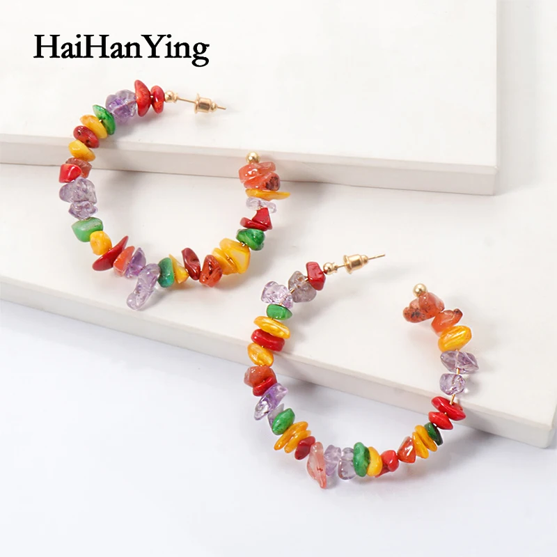 

New Colorful Natural Stone Handmade C-shaped Geometric Hook Earrings Luxury Bohemian ZA Party Jewelry Korean Jewelry for Women