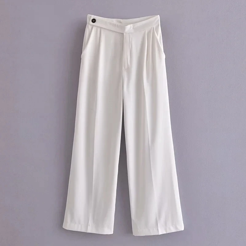 

White Long Pants Basic Mid Waist Button Wide Leg Pants Loose Trousers Women Bottoms Pants Back To The Basic Pants Four Seasons