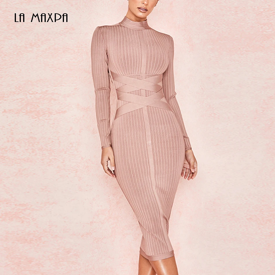 Новинка 2020 высококачественное Бандажное платье с длинными рукавами и высоким