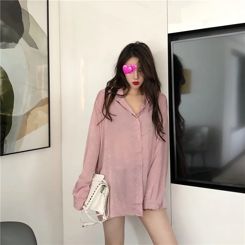 

Рубашка женская с длинным рукавом, модная Свободная блузка, однотонная однобортная Элегантная универсальная с отложным воротником, весна