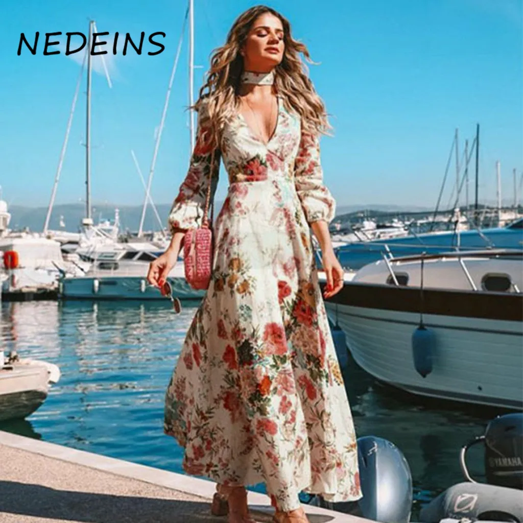 

NEDEINS Women Party Print Maxi Dress 2020 Summer Sexy Bohemia V-Neck Long Sleeve Floral Dress Fashion Temperament Dresses