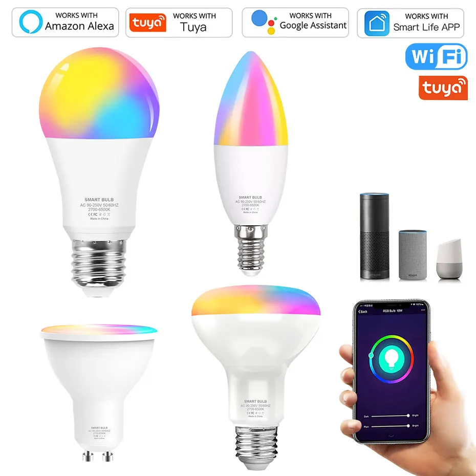 

Tuya Smart Bulb Light E27 GU10 E14 8W 12W 15W Led Bulbs Lamp Hor Home RGB Smart Life App Control Work With Alexa Google Home