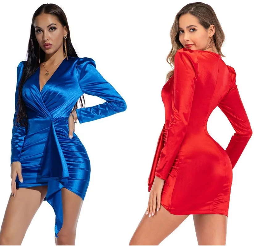 

Women Career Dresses Short Sexy Club Autumn Fashion V-Neck Dress Shirtdress Long Sleeved Formal Office Pencil Skirt Party Prom