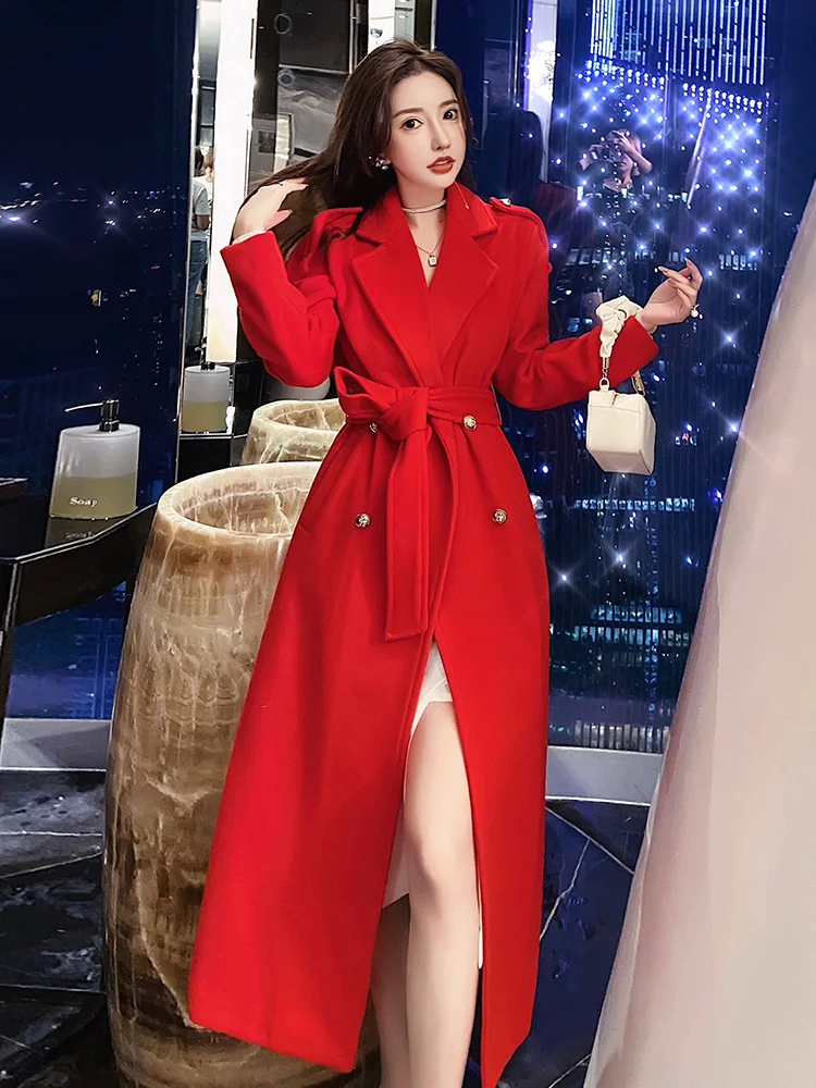 

Женское твидовое пальто, красное пальто средней длины, свободное шерстяное пальто в Корейском стиле для невесты, зима 2021