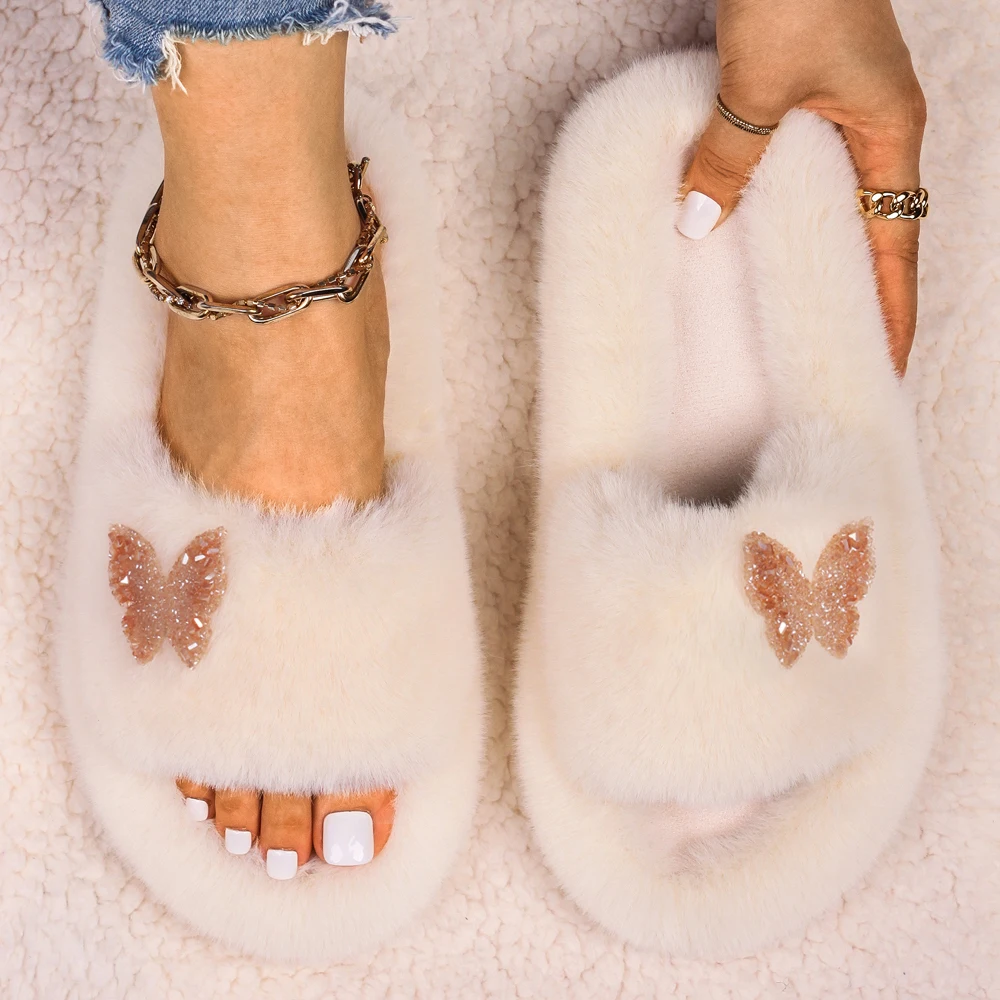 Women Fluffy Slippers Fashion Insect Faux Fur Slides Luxury Platform Sandals Indoor Slippers Casual Winter House Shoes
