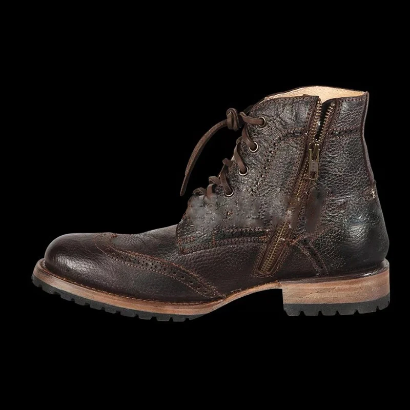 

Мужские кожаные ботинки, черные повседневные ботинки с круглым носком, на шнуровке спереди, на Плоском Каблуке, ботинки-трубы с боковой молн...