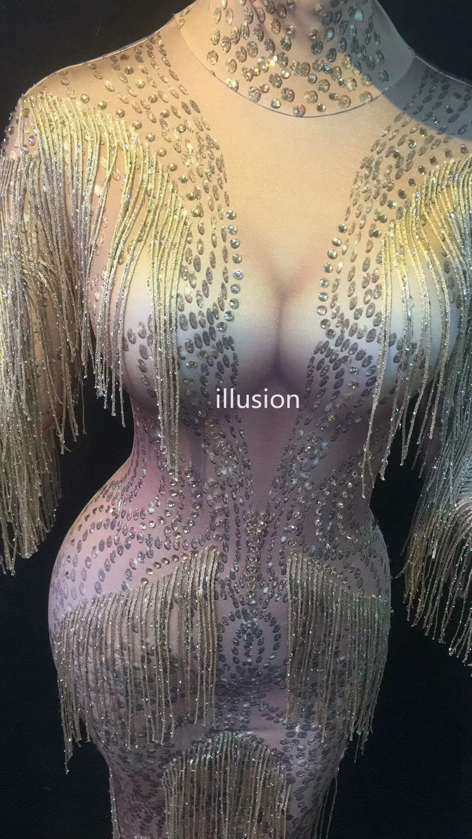 Платье с кисточками и золотыми стразами длинное платье для певицы вечеринки на