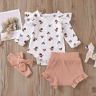Комплект одежды с оборками для новорожденных девочек, однотонный боди с длинным рукавом и цветочным принтом, шорты с бантом, комплект одежды из 3 предметов