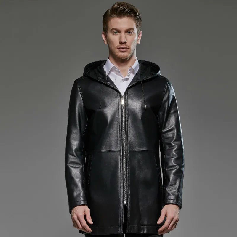 

2020 Plus Size Men's Genuine Leather Jacket Hooded 100% Sheepskin Coat Long Windbreaker Chaqueta Cuero Hombre 181719 KJ2291