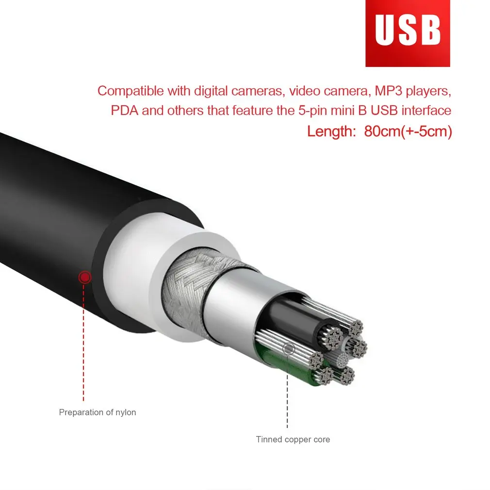 80 см USB 2 0 Мужской A-Mini B 5-контактный кабель для зарядки цифровых камер MP3/MP4 плеер Data