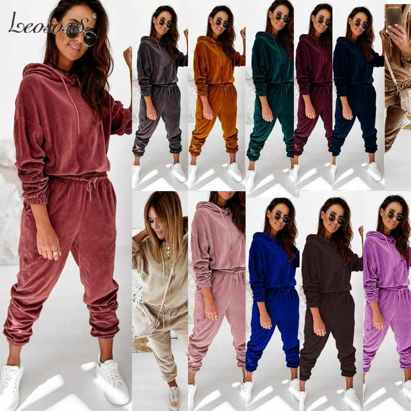 

Casual Fashion Women Tracksuit Two Piece Set Vintage Velvet Hooded Solid Top Sweatshirt And Long Pant Suit Conjuntos De Mujer