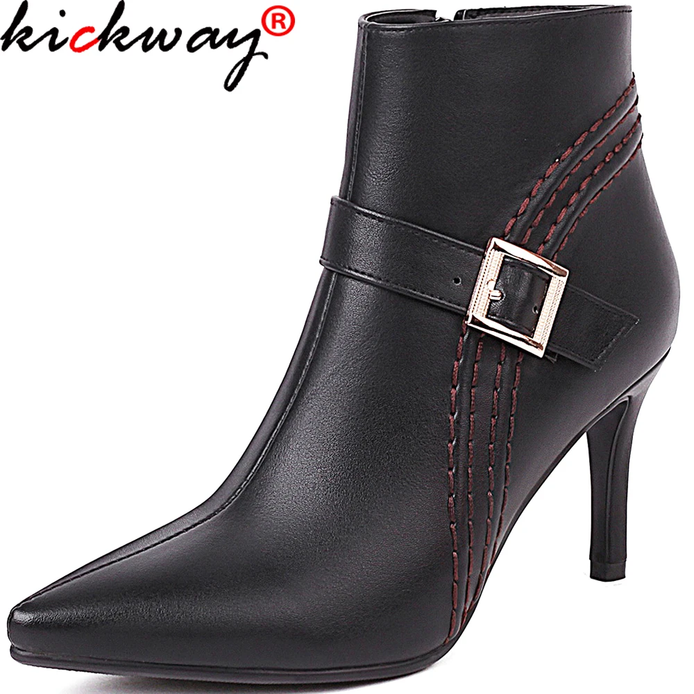 

Kickway/модные женские ботильоны на высоком каблуке; Мотоботы с пряжкой; Цвет черный, белый; Вечерние женские туфли из искусственной кожи; Больш...