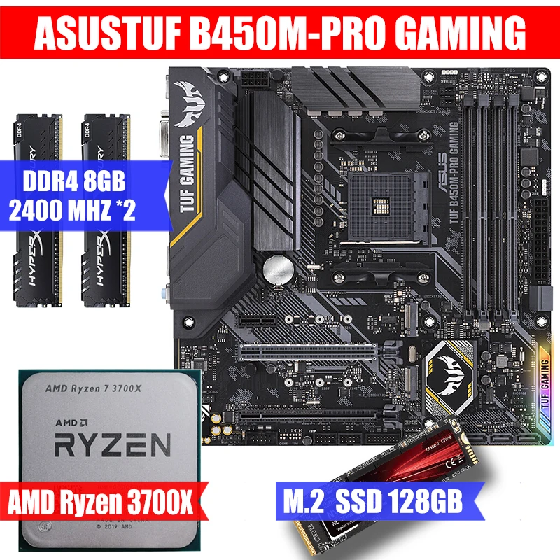 

Asus TUF B450M-Pro Gaming & AMD Ryzen 7 3700X & Kingston DDR4 8GB*2 MEMORY & M.2 NVME 128GB SSD USB 3.1 Support AM4 R3 R5 R7 R9