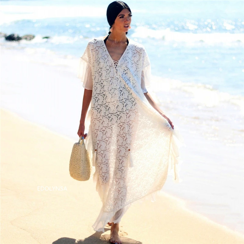 

2021 New Arrival Bikini Cover-ups White Lace Tunic Sexy V-neck Plus Size Women Summer Dress Beach Wear Swim Suit Cover Up Q1254
