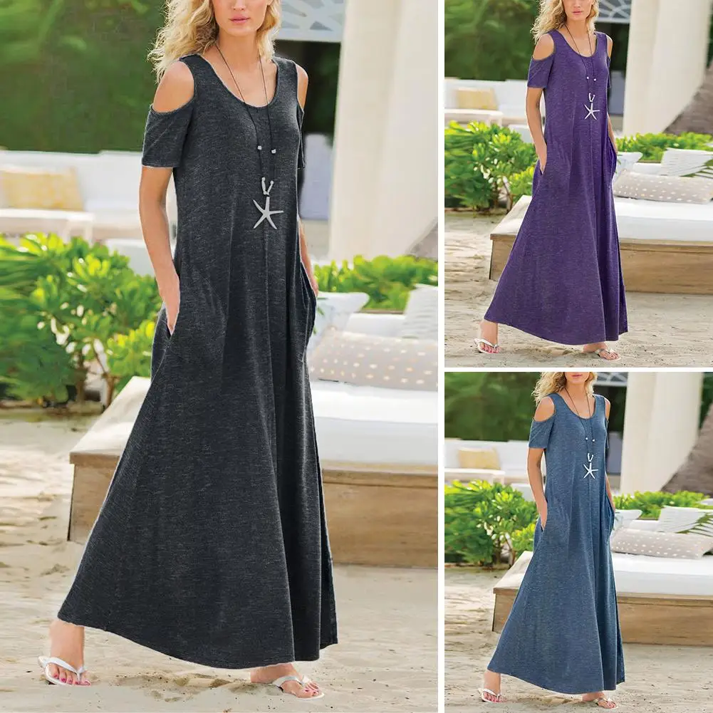 

New fashion Summer Woman Casual Dress Solid Color Short Sleeve Cold Shoulder Pockets Large Hem Long Dresses Party Beach StreetWe